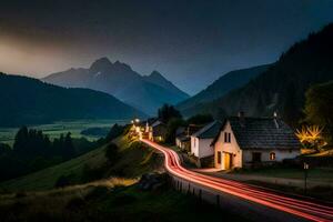 un' villaggio nel il montagne a notte. ai-generato foto