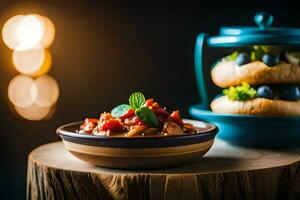 un' piatto di cibo con un' bicchiere di vino e un' blu ciotola. ai-generato foto