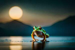 un' rana è in piedi su il acqua con il Luna nel il sfondo. ai-generato foto