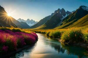 il sole brilla su un' fiume nel il montagne. ai-generato foto