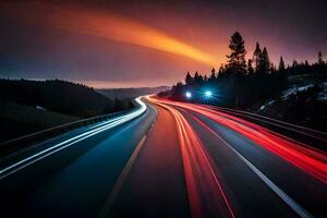 un' lungo esposizione fotografia di un' autostrada a notte. ai-generato foto