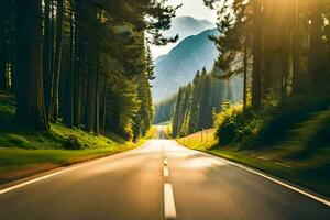 un' strada nel il montagne con alberi e montagne nel il sfondo. ai-generato foto