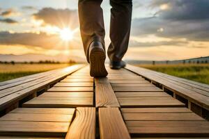 un' persona a piedi su un' di legno ponte a tramonto. ai-generato foto