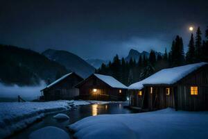 foto sfondo il Luna, neve, il notte, il lago, il cabina, il montagne,. ai-generato