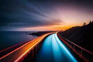 un' lungo esposizione fotografia di un' ponte a tramonto. ai-generato foto