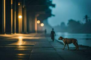 un' cane a piedi lungo un' marciapiede a notte. ai-generato foto