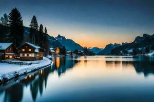 un' lago e montagna gamma a tramonto. ai-generato foto