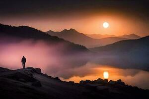 un' uomo sta su il bordo di un' lago a tramonto. ai-generato foto