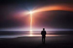un' uomo in piedi su il spiaggia guardare a un' fulmine bullone. ai-generato foto