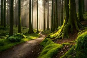 un' sentiero attraverso un' foresta con muschioso alberi. ai-generato foto