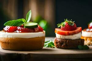 tre mini dolci con fragole e formaggio. ai-generato foto