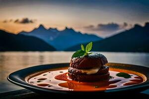 un' piatto di cibo seduta su un' tavolo con montagne nel il sfondo. ai-generato foto
