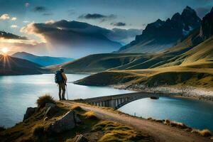 il uomo è in piedi su il ponte a tramonto. ai-generato foto