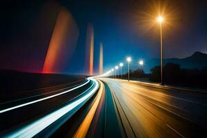 un' lungo esposizione fotografia di un' autostrada a notte. ai-generato foto