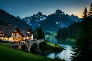 il Casa nel il montagne. ai-generato foto