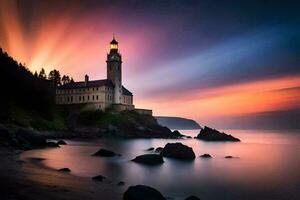 un' faro si siede su il riva di un' corpo di acqua a tramonto. ai-generato foto