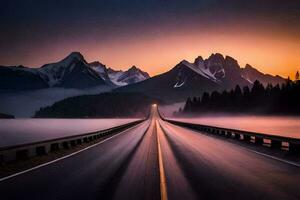 un' lungo esposizione fotografia di un' strada con montagne nel il sfondo. ai-generato foto