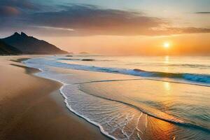 il sole sorge al di sopra di il oceano e il onde su il spiaggia. ai-generato foto