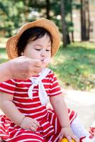 carino piccolo bambino in un vestito rosso e cappello srtaw su un picnic nel parco foto