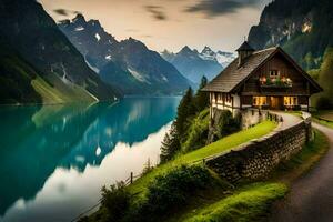 un' Casa si siede su il lato di un' montagna prospiciente un' lago. ai-generato foto