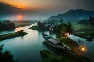 un' barca si siede su il fiume a tramonto. ai-generato foto