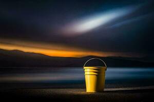 un' giallo secchio si siede su il spiaggia a notte. ai-generato foto