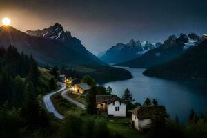 il sole imposta al di sopra di un' montagna lago e un' strada. ai-generato foto