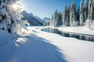 un' fiume nel il neve. ai-generato foto