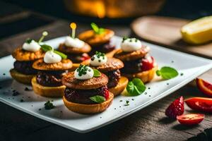 piccolo Antipasti su un' piatto con fragole e crema. ai-generato foto