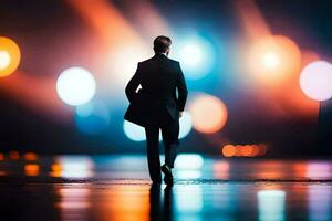 un' uomo nel un' completo da uomo passeggiate attraverso un' buio strada a notte. ai-generato foto