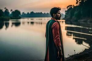 uomo nel rosso veste in piedi di fiume a tramonto. ai-generato foto