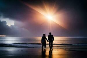 Due persone In piedi su il spiaggia Tenere mani. ai-generato foto