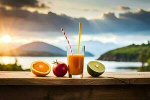 un' bicchiere di succo e frutta su un' tavolo con un' tramonto nel il sfondo. ai-generato foto