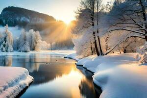 un' fiume nel il neve. ai-generato foto