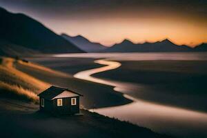 un' piccolo Casa si siede su il bordo di un' fiume a tramonto. ai-generato foto