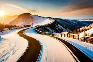 un' strada nel il montagne con neve su il terra. ai-generato foto