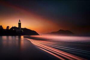 un' Chiesa Torre è visto nel il distanza a tramonto. ai-generato foto