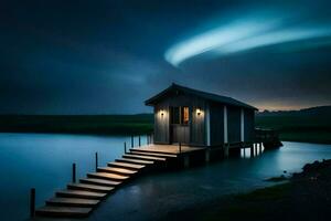 un' piccolo cabina si siede su il riva di un' lago con un' luminosa aurora. ai-generato foto