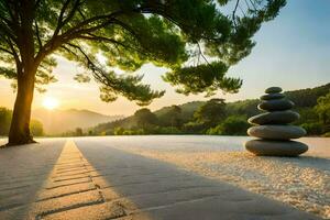 zen giardino con pietra equilibratura pietre nel il tramonto. ai-generato foto