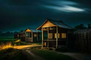 un' piccolo di legno capanna si siede nel il mezzo di un' campo a notte. ai-generato foto