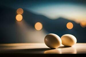 Due uova su un' tavolo con sfocato sfondo. ai-generato foto