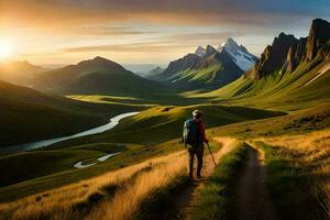 un' uomo passeggiate attraverso il montagne a tramonto. ai-generato foto