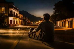un' uomo seduta su un' bicicletta nel il mezzo di un' strada a notte. ai-generato foto