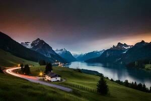 un' strada corre attraverso il montagne e lago a tramonto. ai-generato foto