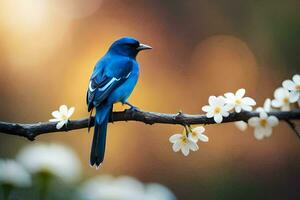 un' blu uccello si siede su un' ramo con bianca fiori. ai-generato foto