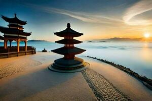 un' pagoda si siede su il spiaggia a tramonto. ai-generato foto