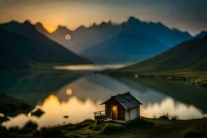 il Casa di il lago, lago, montagne, tramonto, riflessione, riflessione HD sfondo. ai-generato foto