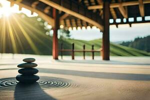 un' zen giardino con pietre e un' sole splendente. ai-generato foto