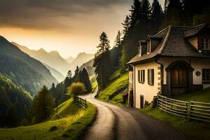 un' Casa su un' montagna strada con un' strada principale per esso. ai-generato foto