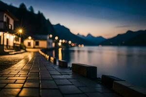 un' passerella lungo il riva di un' lago a notte. ai-generato foto